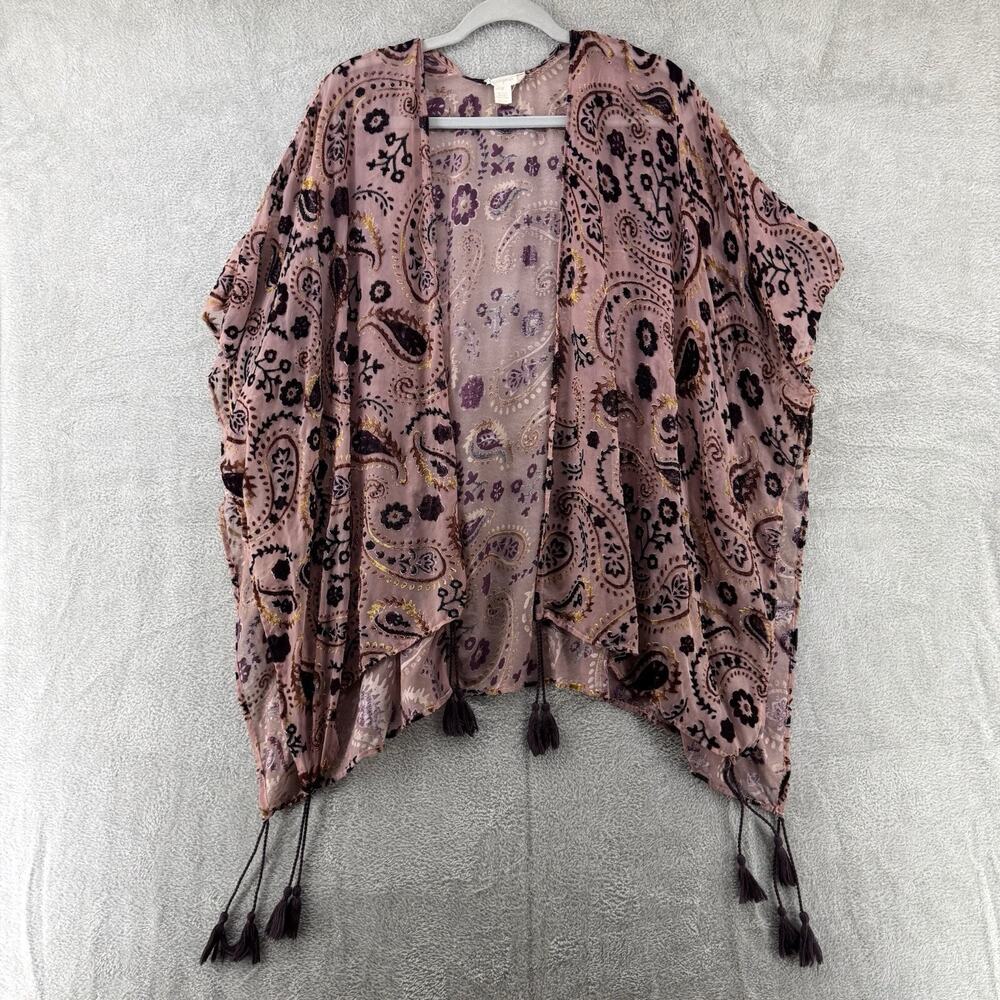 Japna Cardigan S Burn-Out Burgundy Gold Rose Paisley Floral Open Front Tassel